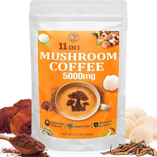 Mushroom Coffee - Mushroom Coffee Organic with 11 Superfood Mushrooms, Includes Lion's Mane, Reishi, Chaga, Cordyceps and Adaptogens, Mushroom Supplement for Energy, Focus, Memory and Immunity - 5.3oz