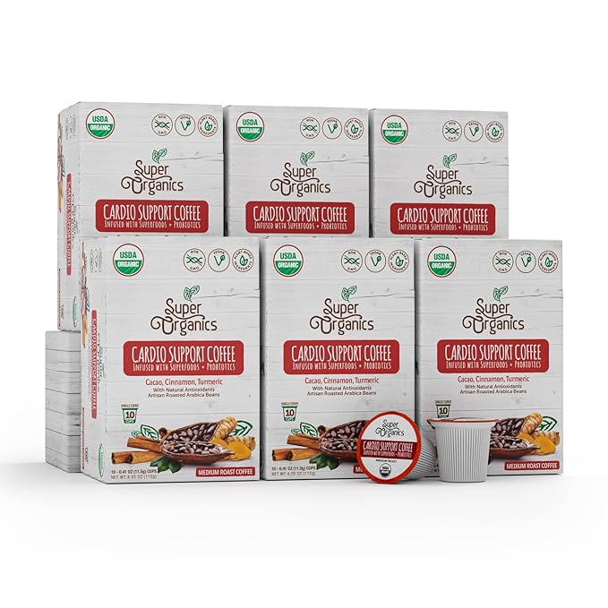 Super Organics Cardio Support Coffee Brew Cups With Superfoods & Probiotics Keurig K-Cup Compatible Cardiovascular Health Medium Roast, USDA Certified Organic, Vegan Coffee, 60ct