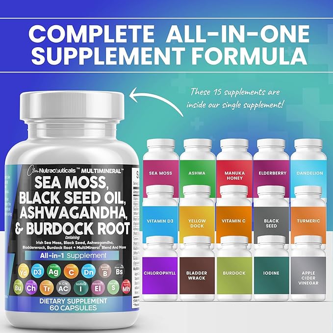Sea Moss 3000mg Black Seed Oil 2000mg Ashwagandha 1000mg Turmeric 1000mg Bladderwrack 1000mg Burdock 1000mg & D3 with