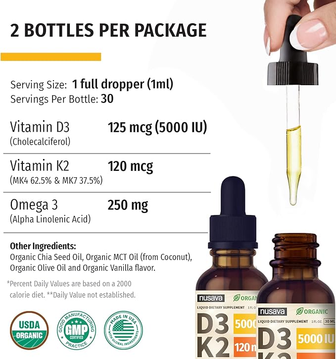 (2 Pack) Organic Vitamin D3 K2 Drops with MCT Oil Omega 3, 5000 IU - Maximum Strength Vitamin D Liquid, No Fillers, Non-GMO Liquid D3 for Faster Absorption and Immune Support (Vanilla, 4 Fl Oz)