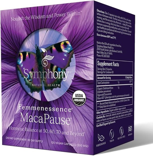 Femmenessence MacaPause – Clinically Proven for Post Menopause, Natural Hormone Balance Supplements for Women, Bone and Heart Health, Symptom Relief, Organic Maca Root Capsules (120)