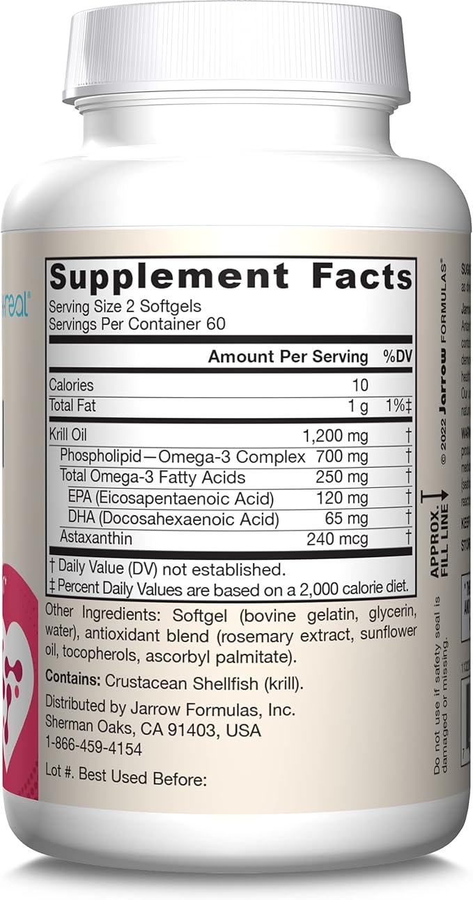 Jarrow Formulas Krill Oil - Phospholipid Omega-3 Complex with Astaxanthin - 120 Softgels - 60 Servings - Supports Lipid Management, Metabolism, Brain & Heart Health - EPA & DHA - Gluten Free - Non-GMO