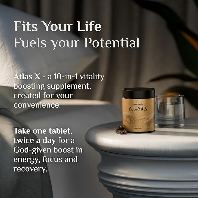 ATLAS X 10-in-1 Masculinity Maximiser Supplement for Men - Energy, Strength & Vitality Capsules with Shilajit, Ashwagandha, Zinc, Safed Musli, Tongkat Ali, Black Maca, Fadogia Agrestis, 2 Month Supply