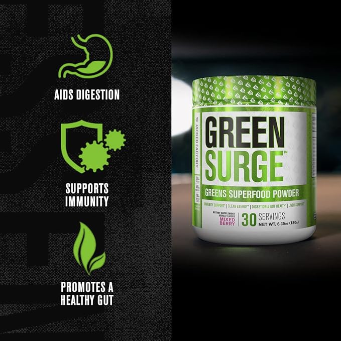 Jacked Factory Green Surge Green Superfood Powder - Keto Friendly Greens Drink w/Spirulina, Wheat & Barley Grass, Organic Greens - Green Tea Extract, Probiotics & Digestive Enzymes - Mixed Berry
