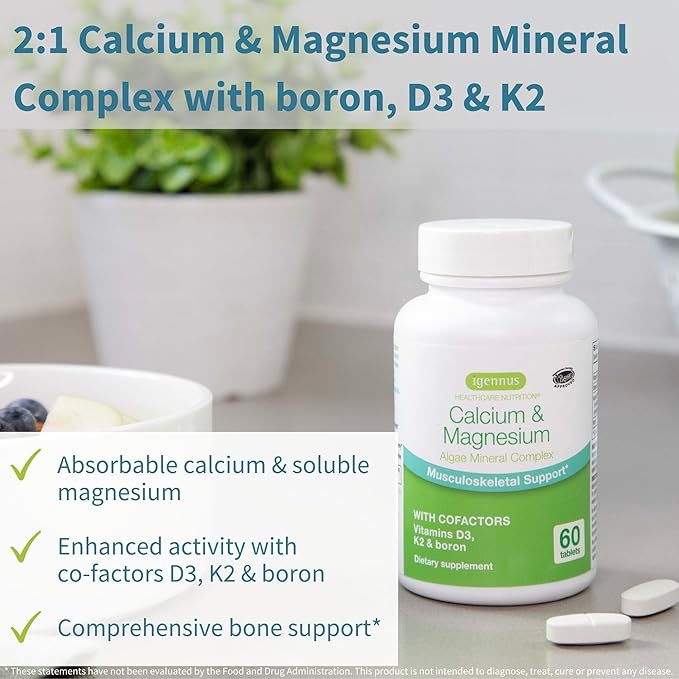 High Absorption Algae Calcium & Magnesium K2 & D3, Non-GMO 6 x 60 Tablets,