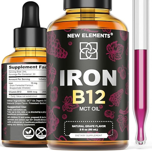Liquid Iron Supplement for Women & Men with Vitamin B12 5000mcg - Free Blood Builder for Anemia - Liquid Vitamin B12 Drops for Adults with MCT Oil, Natural Grape Flavor, 2 Fl Oz