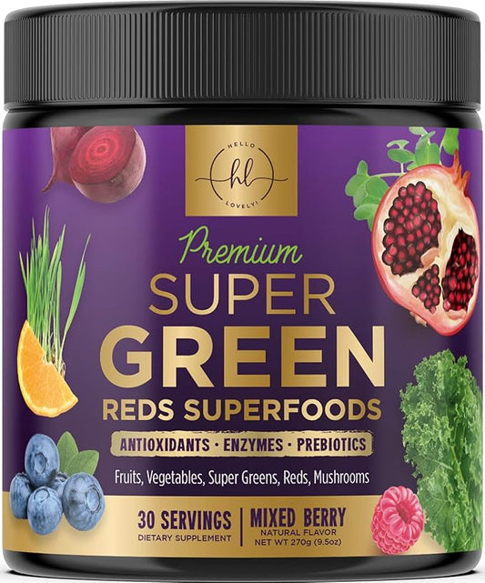 Greens Superfood Powder - Super Greens Powder Mix with Digestive Enzymes, Antioxidants, Spirulina & Chlorella for Energy Support, 20+ Amazing Superfoods & Greens Blend, Vegan, Non-GMO - 30 Servings