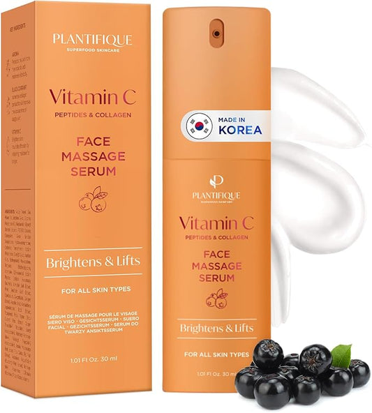 PLANTIFIQUE Korean Vitamin C Face Massage Serum - Perfect for Gua Sha Facial Tools - Collagen & Peptides for Ultimate Hydration and Anti-Aging Glow - Even Skin Tone