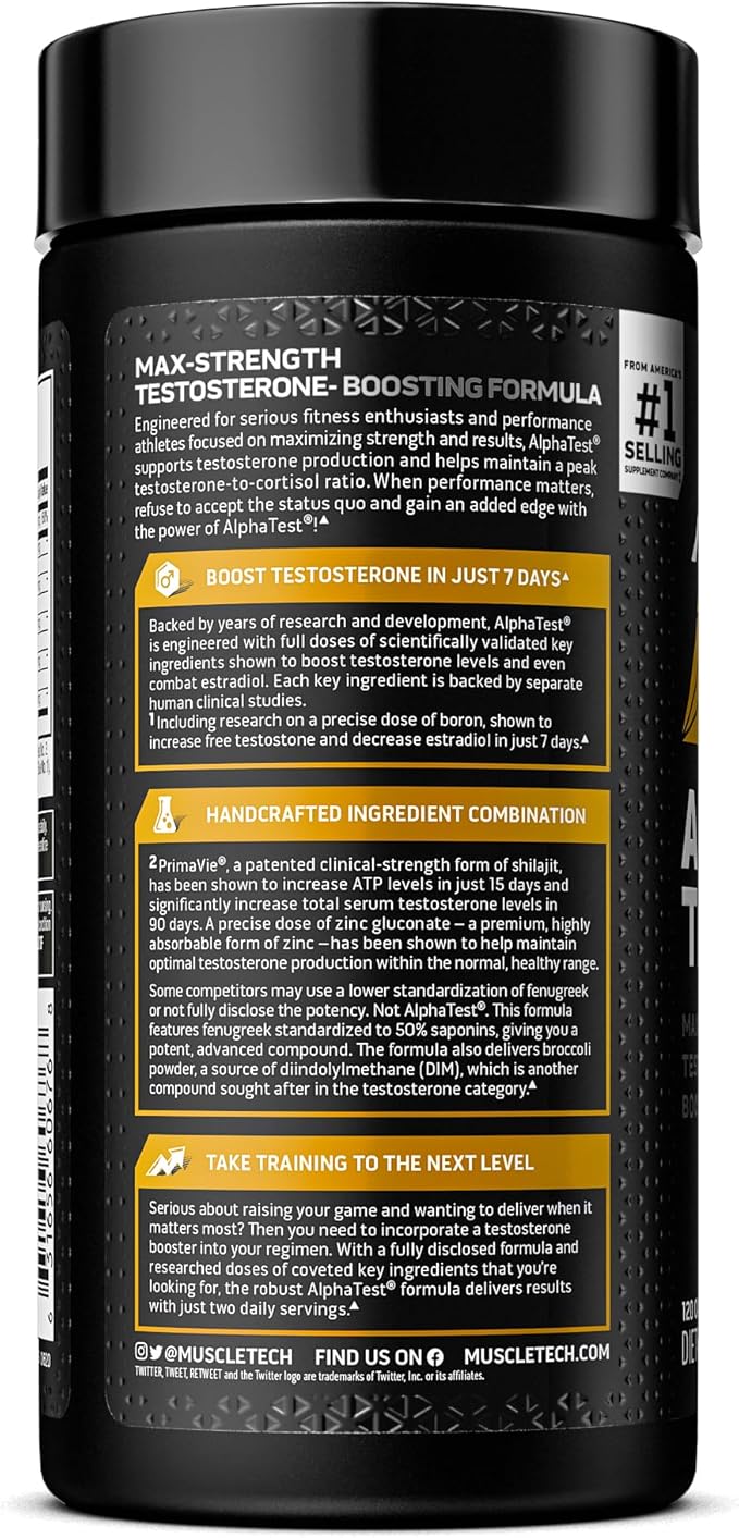 Testosterone Booster for Men, MuscleTech AlphaTest, 120 Pills