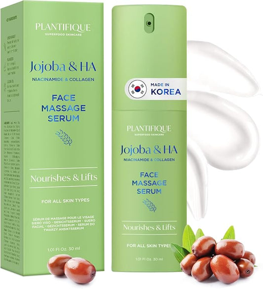 PLANTIFIQUE Korean Jojoba Oil & Hyaluronic Acid Face Massage Serum - Perfect for Gua Sha Facial Tools - Collagen & Niacinamide Gifts Anti-Aging Glow - for Men & Women