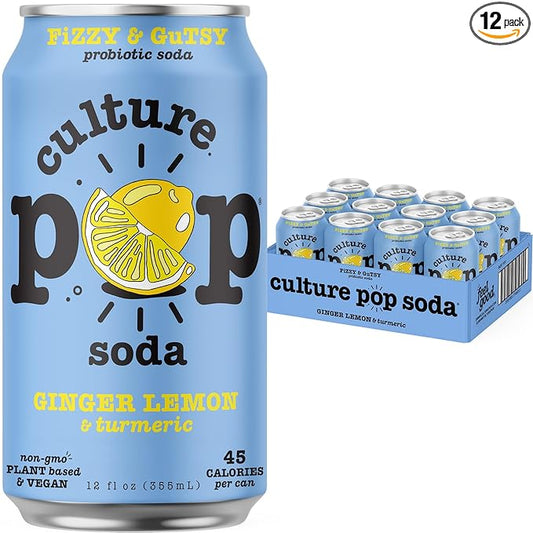 Culture Pop Soda, Ginger Lemon & Turmeric, Probiotic Low Sugar Soda, Sparkling Juice Alternative, Non-GMO, Kosher, Gluten-Free, No Stevia (12pk)