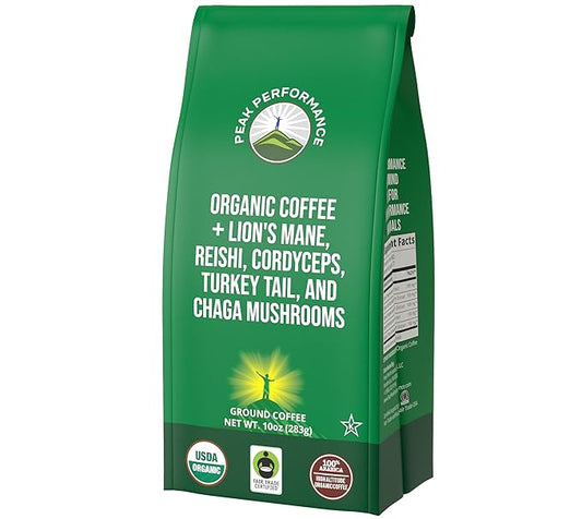 Organic Low Acid Mushroom Coffee with Lion's Mane, Reishi, Cordyceps, Turkey Tail, and Chaga Mushrooms. Premium High Altitude Medium Roast Ground Bags. Great Tasting (Unlike Cheap Instant Coffee)
