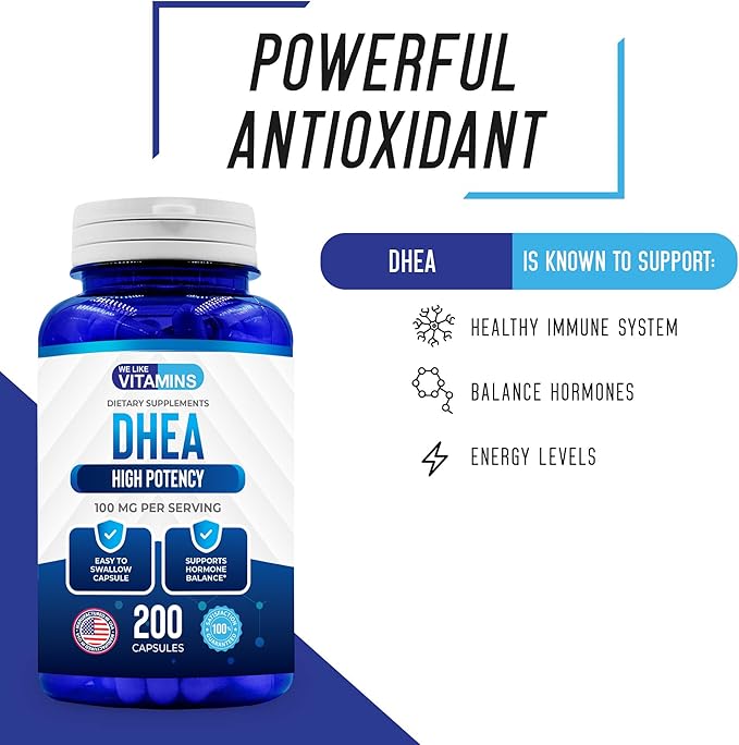 We Like Vitamins DHEA 100mg 200 Capsules - 200 Day Supply of DHEA Capsules - Helps with Hormone Balance and Energy Levels for Men & Women