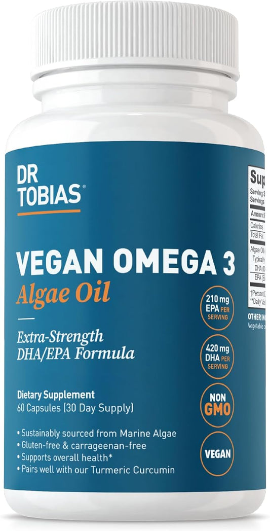 Dr. Tobias Vegan Omega 3 Supplement 1400mg Algae 420mg DHA, 210mg EPA 60 Capsules, 30 Servings