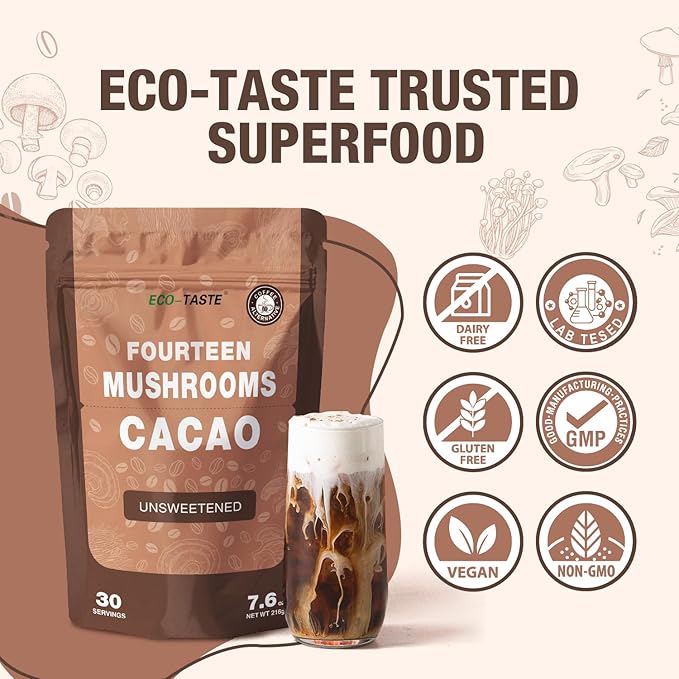 Mushroom Coffee Alternative 14 in 1 - 30 Servings, Cacao with 800mg Mushrooms - Lion's Mane, Reishi, Maitake, Turkey Tail, Chaga Fruiting Body Extract, 30% Beta-Glucan for Focus & Energy Support, 7.6 oz