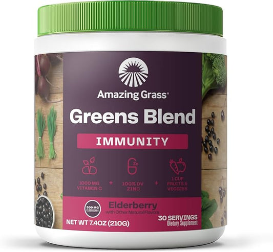 Amazing Grass Greens Superfood for Immune Support: Greens Powder with Organic Spirulina, Chlorella, Beet Root Powder, Digestive Enzymes & Probiotics, Elderberry, 30 Servings