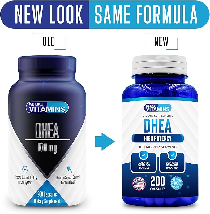 We Like Vitamins DHEA 100mg 200 Capsules - 200 Day Supply of DHEA Capsules - Helps with Hormone Balance and Energy Levels for Men & Women