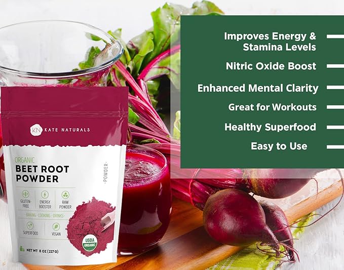 Kate Naturals Beet Root Powder for Baking & Smoothies (12 oz) USDA Organic Beetroot Powder & Nitric Oxide Supplement for Increase Energy & Stamina Pre Workout. Gluten Free Organic Beet Powder