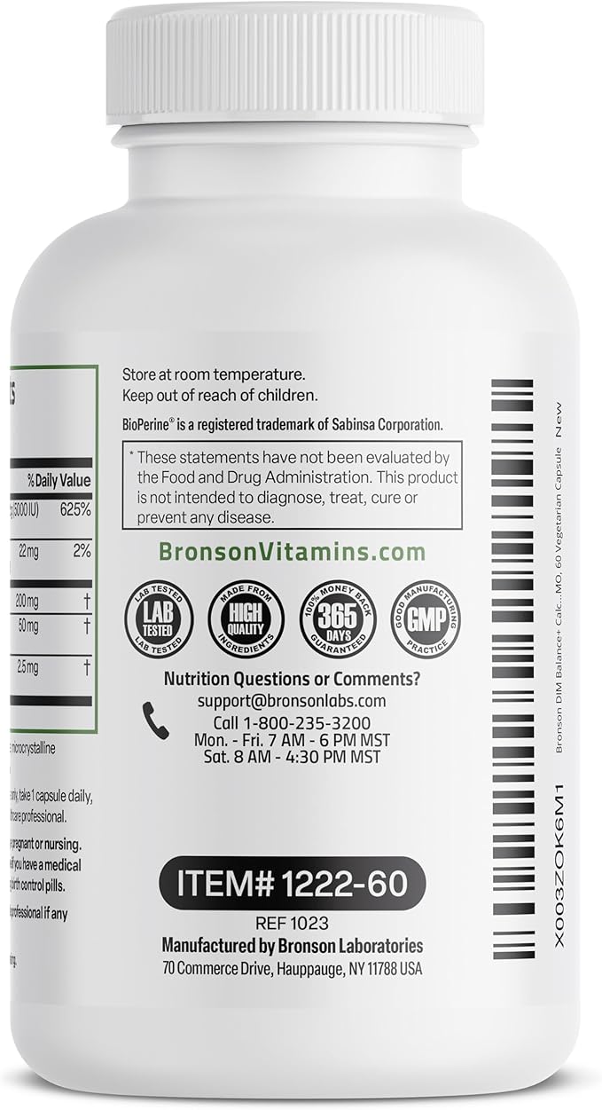 Bronson DIM Balance+ Calcium D-Glucarate, Broccoli Sprouts and Vitamin D3 200 MG of DIM per Capsule Supports Estrogen Metabolism and Balanced Hormone Levels Non-GMO, 60 Vegetarian Capsules
