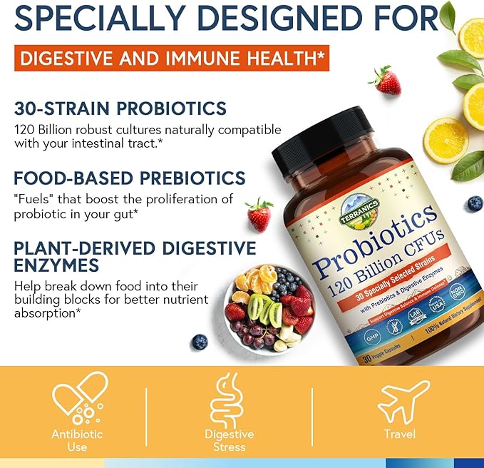 Terranics Probiotics 120 Billion with Prebiotics 30 Tested 30 Veggie