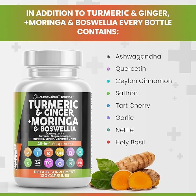 Turmeric Curcumin 30000mg Ginger 3000mg Moringa 50000mg Boswellia 3000mg Saffron 2000mg - 120 Caps