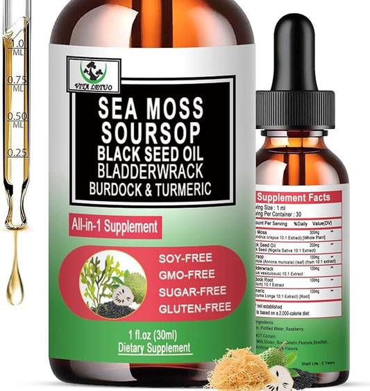 Sea Moss Black Seed Oil Soursop Liquid Drops with Bladderwrack Burdock Root Turmeric - Multimineral & Vitamins Superfood Drops Organic Non-GMO for Immune & Digestive & Cell Support Skin Hair