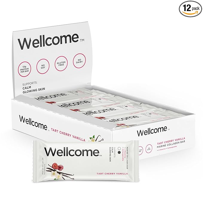 Wellcome Tart Cherry Vanilla Marine Collagen Protein Bar with Ashwagandha and L-Theanine - Adaptogenic Snack Bar - Dairy Free Health Bar for Functional Active Lifestyle (Pack of 12)