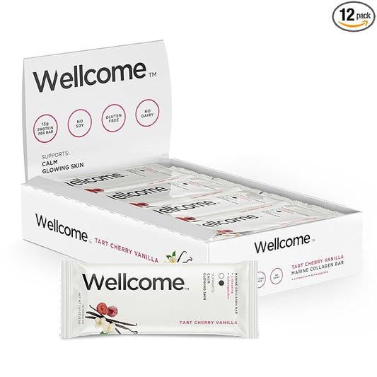 Wellcome Tart Cherry Vanilla Marine Collagen Protein Bar with Ashwagandha and L-Theanine - Adaptogenic Snack Bar - Dairy Free Health Bar for Functional Active Lifestyle (Pack of 12)
