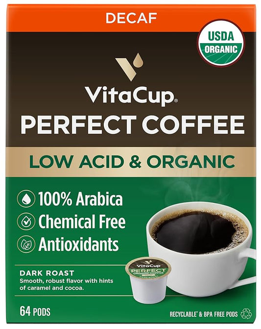 VitaCup Organic Perfect Dark Roast Decaf Coffee Pod for Pure & Clean Energy, Antioxidants, Low Acid, Peru Single Origin in Recyclable Single Serve Pod Compatible with Keurig K-Cup Brewers, 64 CT