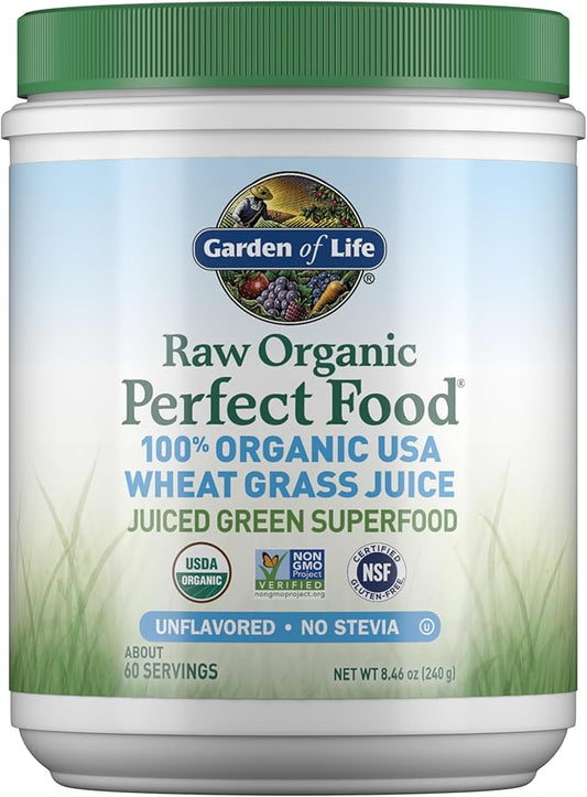 Garden of Life Raw 100% Organic Perfect Food USA Wheat Grass Juice - Green Superfood Powder, 60 Servings - Stevia & Gluten Free, Non-GMO, Vegan, Whole Food Dietary Supplement, 8.46 Oz