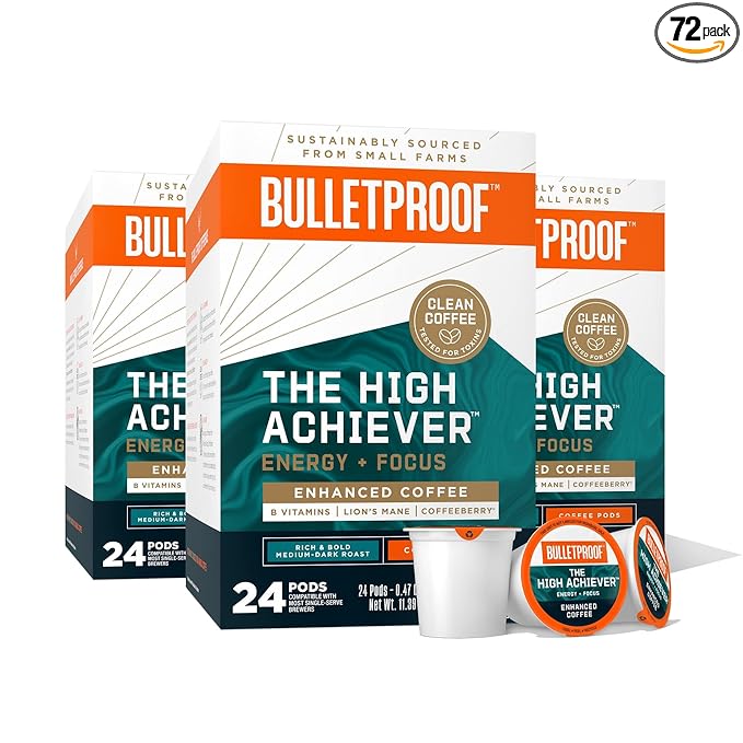 Bulletproof The High Achiever Single-Serve Pods, 72 count, Medium-Dark Roast Enhanced Coffee with Lion's Mane Mushroom, B Vitamins, and Adaptogens for Energy and Focus