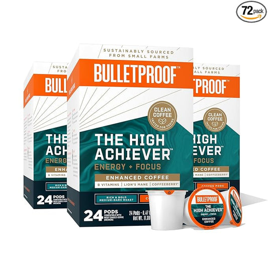 Bulletproof The High Achiever Single-Serve Pods, 72 count, Medium-Dark Roast Enhanced Coffee with Lion's Mane Mushroom, B Vitamins, and Adaptogens for Energy and Focus