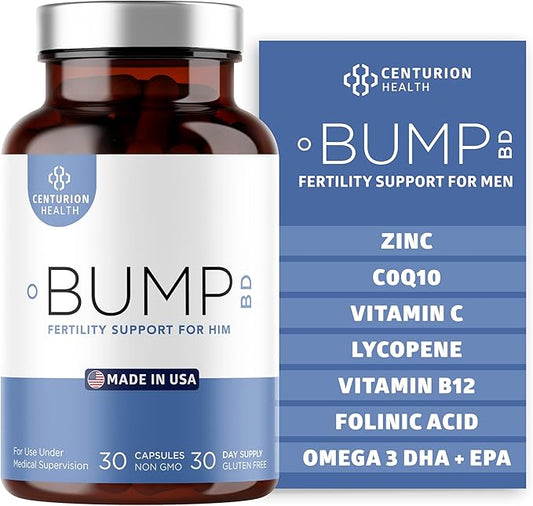 Bump BD, Natural Fertility Supplement for Men, Male Prenatal Vitamins with Selenium, CoQ10, L-Methylfolate, Folinic Acid, DHA + EPA to Support Hormonal Balance & Motility, 30 Caps