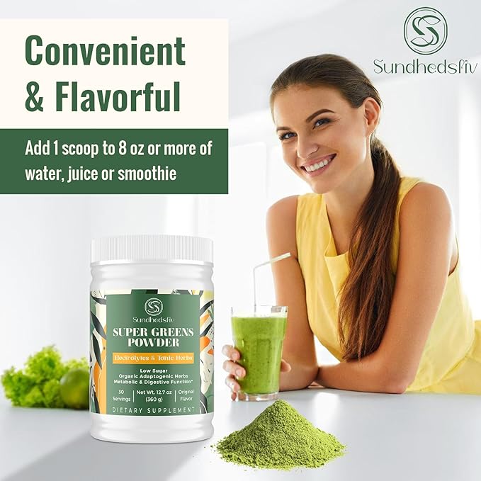Super Greens Powder Superfood Supplement + Electrolytes & Tonic Herbs | Organic Greens, Adaptogens, Shilajit, Antioxidants, Prebiotic & Probiotic & Postbiotic | for Gut, Energy & Immune | 30 Servings
