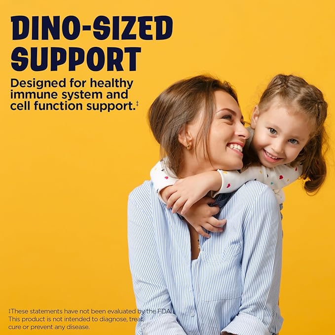 KAL ImmunoRaptor Kids Immune Support Chewables, Vitamin C and Zinc for Healthy Cell Function, Dinosaur Shaped, Orange Flavor, Gluten, Lactose, and Peanut-Free, Sweetened with Xylitol, 60 Servings