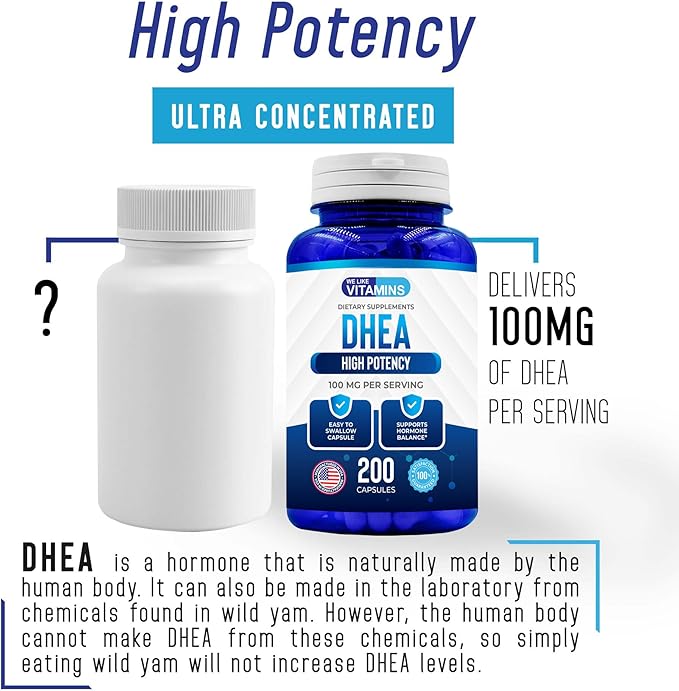 We Like Vitamins DHEA 100mg 200 Capsules - 200 Day Supply of DHEA Capsules - Helps with Hormone Balance and Energy Levels for Men & Women
