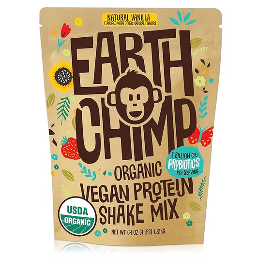 EarthChimp Organic Vegan Protein Powder - with Probiotics - Non GMO, Dairy Free, Non Whey, Plant Based Protein Powder for Women and Men, Gluten Free - 52 Servings 64 Oz (Vanilla)