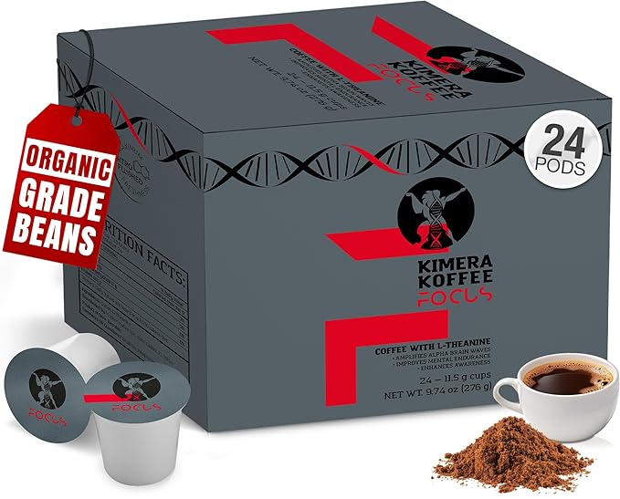 Kimera Koffee Organic Ground Coffee, Focus Blend, Light Roast infused with L-Theanine, Pack of 24 Cup Coffee Pods