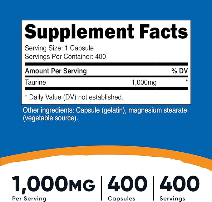 Nutricost Taurine 1000mg; 400 Capsules (2