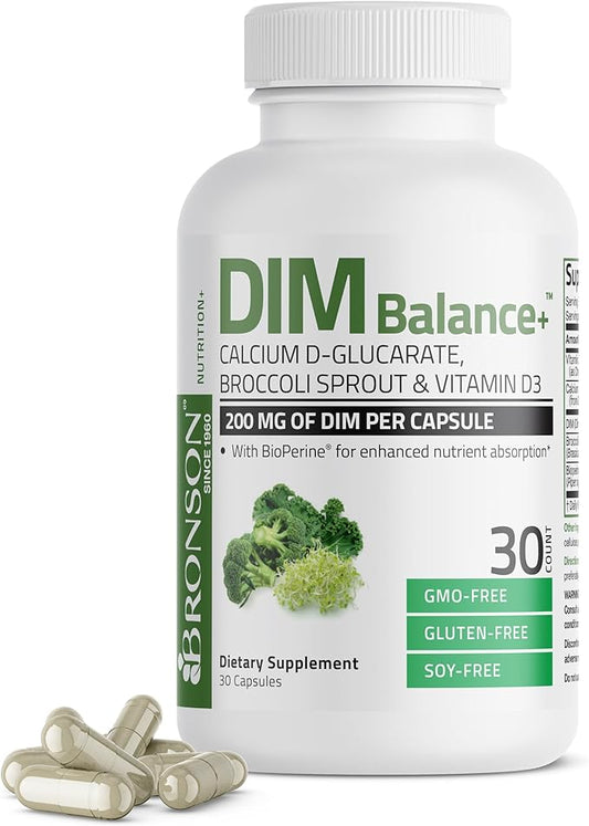 Bronson DIM Balance+ Calcium D-Glucarate, Broccoli Sprouts and Vitamin D3 200 MG of DIM per Capsule Supports Estrogen Metabolism and Balanced Hormone Levels Non-GMO, 30 Vegetarian Capsules