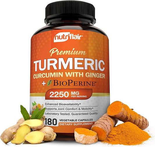 NutriFlair Turmeric Curcumin with Ginger and 180 Capsules 95% Curcuminoids
