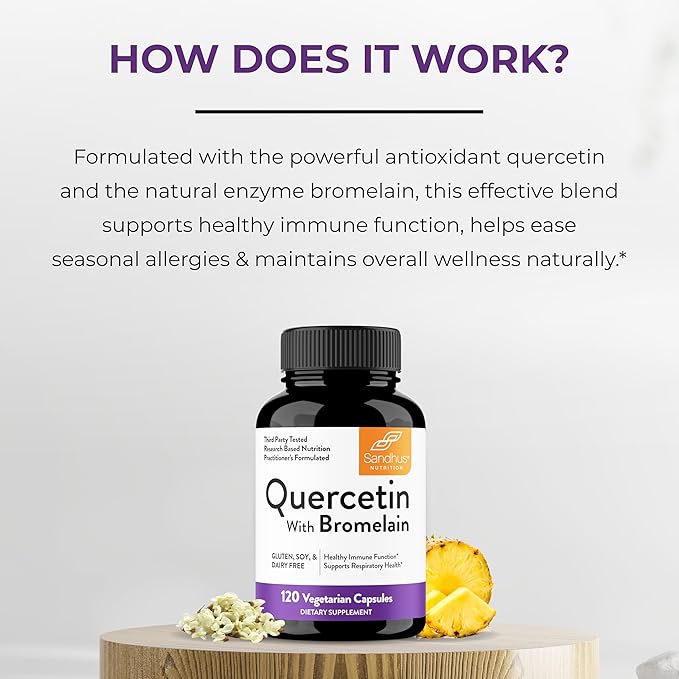 Sandhu's Quercetin with Bromelain Supplement - 1000mg Per Serving 120 Vegetarian Capsules - Bioflavonoids Quercitin Complex for Immune Support & Respiratory Health