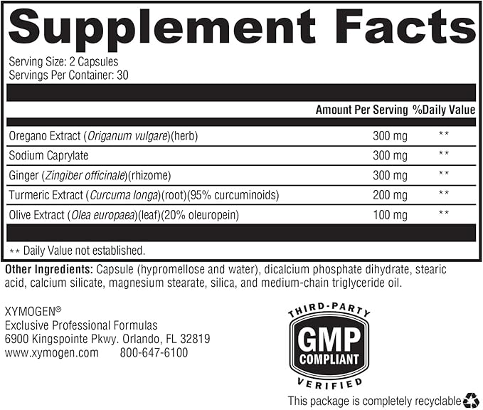 XYMOGEN Candicidal - Natural Support for Healthy Microbial Balance and GI Health - Oregano Extract, Sodium Caprylate, Ginger + Turmeric Extract, Olive Leaf Extract (60 Capsules)