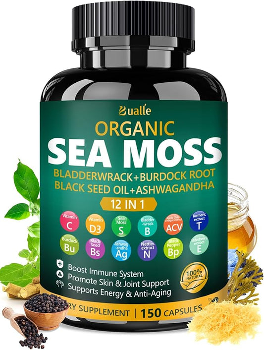 Organic Sea Moss Capsules with Sea Moss,Black Seed Oil,Ashwagandha,Bladderwrack,Ginger,Burdock Root for Immune System,Skin,Energy Support-150 Capsules (1 Pack)