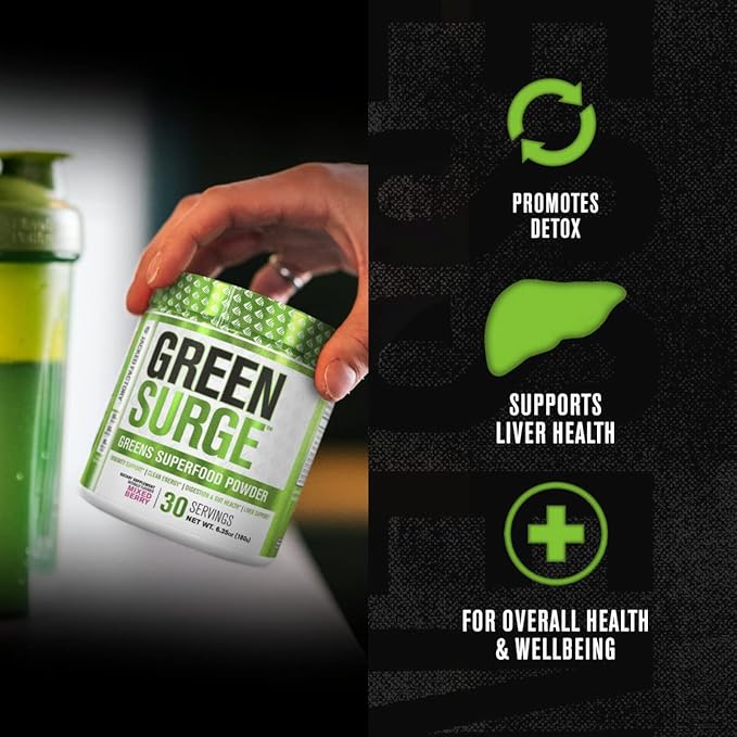 Jacked Factory Green Surge Green Superfood Powder - Keto Friendly Greens Drink w/Spirulina, Wheat & Barley Grass, Organic Greens - Green Tea Extract, Probiotics & Digestive Enzymes - Mixed Berry