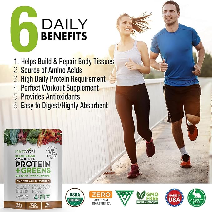 PlantVital Vegan Protein Powder Plant Based, Organic Protein Powder Chocolate, 24g/0g sugar, 12 Superfoods, Veggies, Probiotics, Raw Cocoa, Kale, Beets, Spirulina, Pea, Gluten-Free, Keto-Friendly,32oz