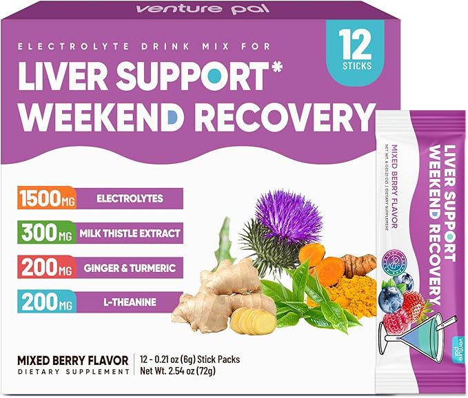 Venture Pal Liver Cleanse Detox & Repair, Liver Support with Milk Thistle + Ginger & Turmeric + L-Theanine + 5 Vitamins & 7 Electrolytes, Rapid Rehydration & Weekend Recovery Powder Packets, 12 Sticks