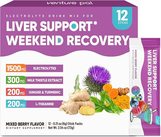 Venture Pal Liver Cleanse Detox & Repair, Liver Support with Milk Thistle + Ginger & Turmeric + L-Theanine + 5 Vitamins & 7 Electrolytes, Rapid Rehydration & Weekend Recovery Powder Packets, 12 Sticks