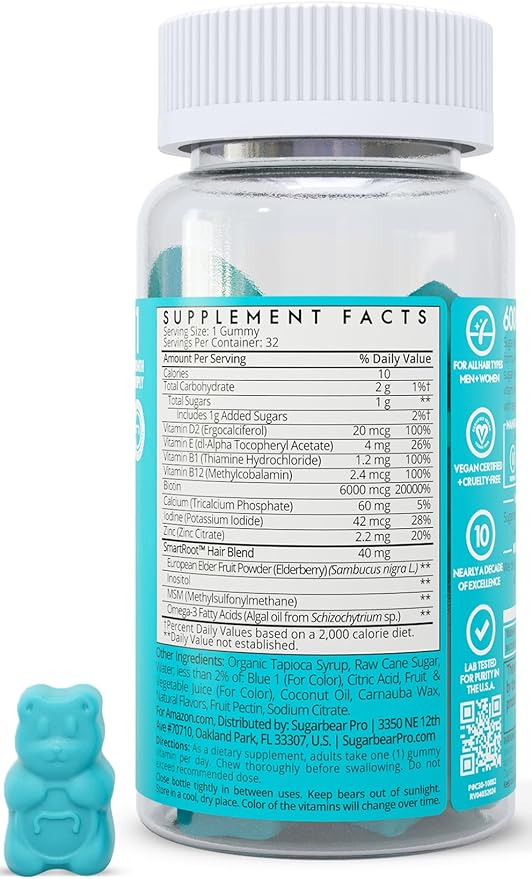 SugarbearPRO Hair Vitamin Extra Strength 6000mcg Men,B12, MSM, 3, Elderberry, 1 Month
