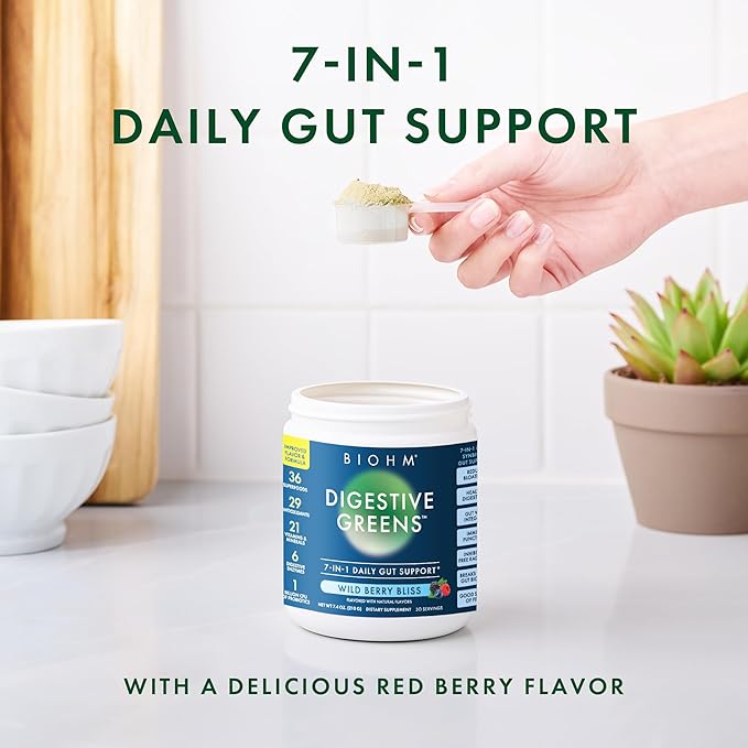 BIOHM Digestive Greens, Green Superfood Powder with Antioxidants, Vitamins and Probiotics, Super Greens, Supplement with Enzymes, Ashwagandha, Spirulina, Chlorella, Berry Flavor (30 Servings)